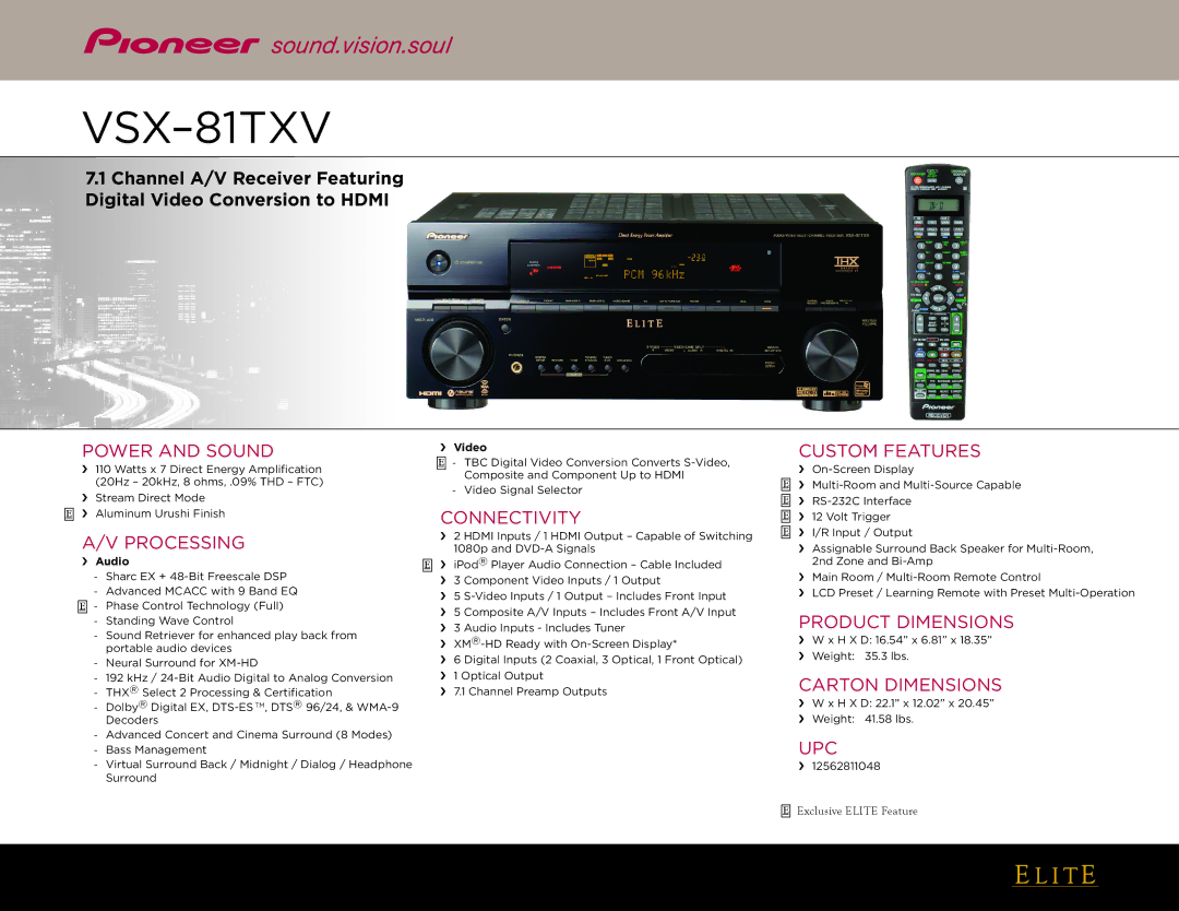 Pioneer VSX-81TXV dimensions Power and Sound, Processing, Connectivity, Custom Features, Product Dimensions, Upc 