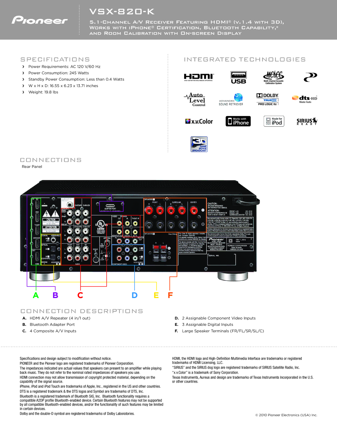 Pioneer VSX-820-K manual Specifications Integrated Technologies, Connections, Connection Descriptions 