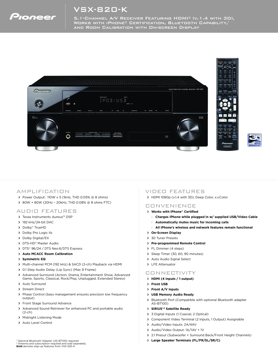 Pioneer VSX-820-K manual Amplification, Audio Features, Video Features, Convenience, Connectivity 