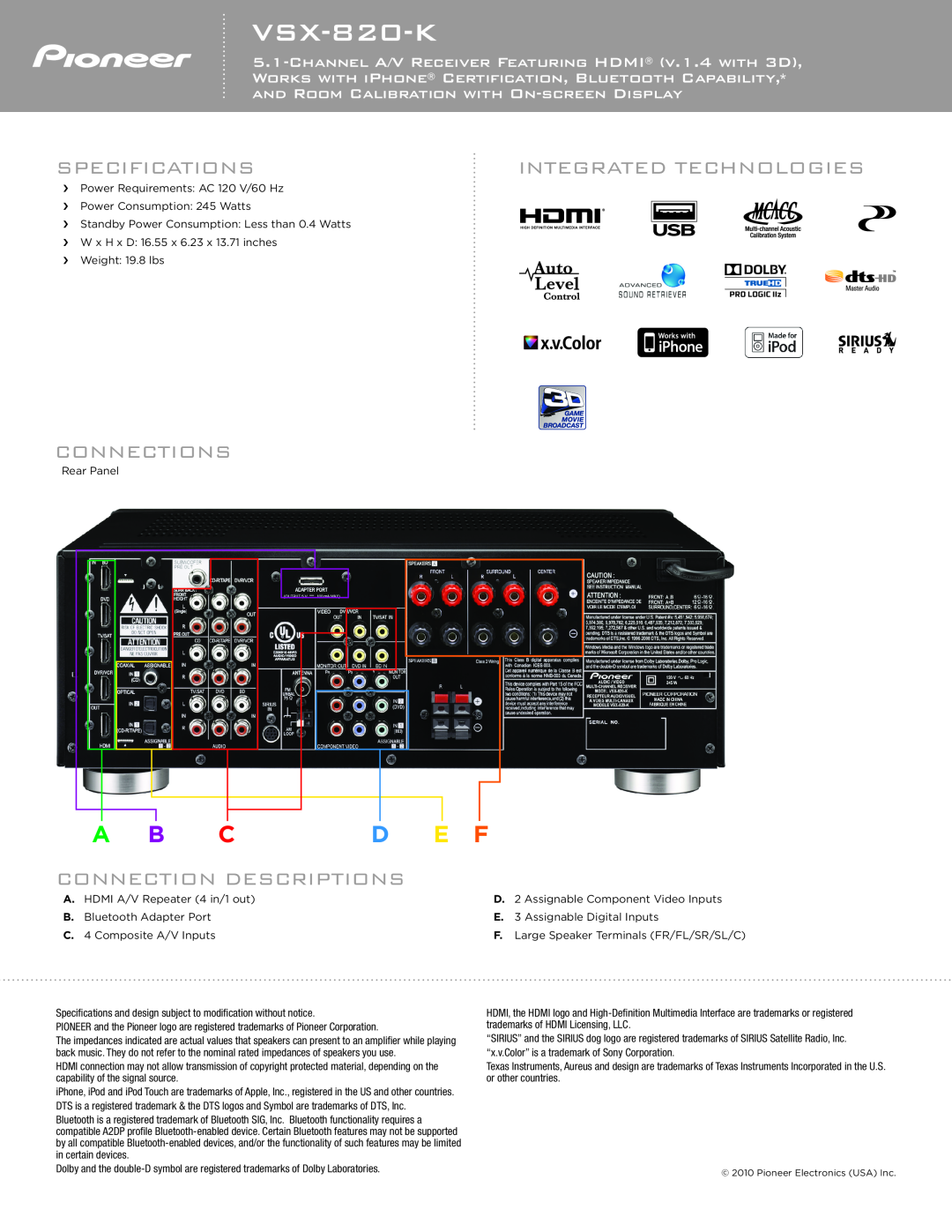 Pioneer VSX-820-K manual Specifications, Integrated Technologies, Connections, Connection Descriptions, A B C D E F 