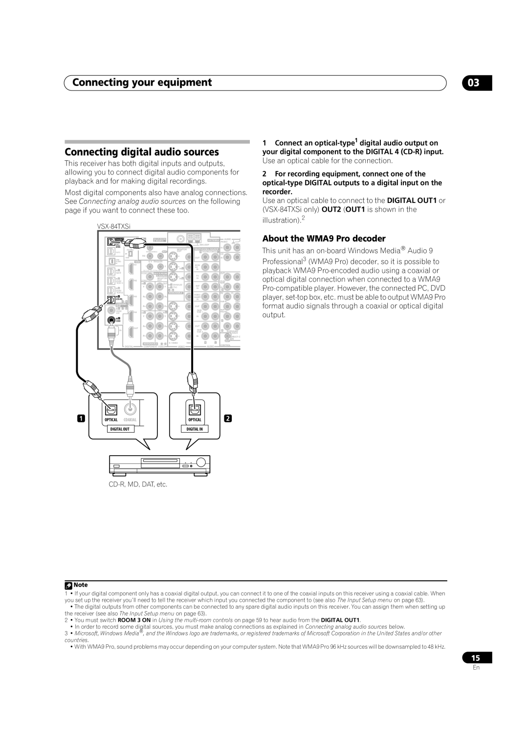 Pioneer VSX-84TXSi-S, VSX-84TXSI Connecting your equipment Connecting digital audio sources, About the WMA9 Pro decoder 