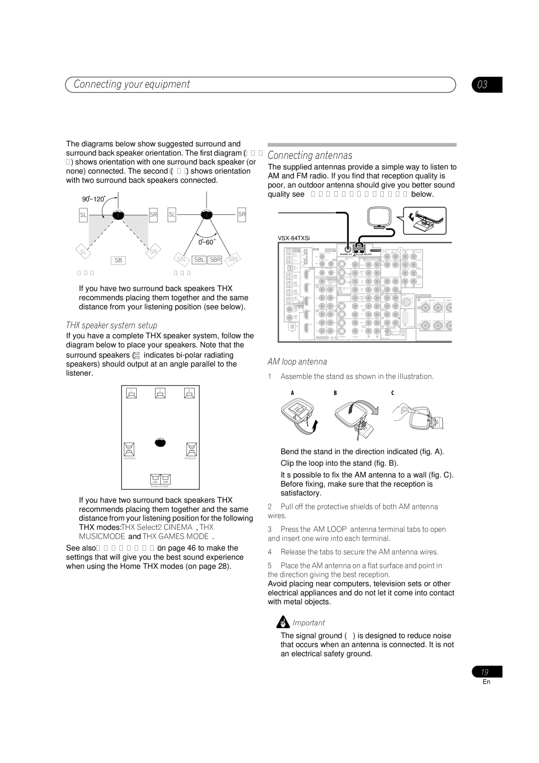 Pioneer VSX-84TXSi-S, VSX-84TXSI, VSX-82TXS-S manual Connecting antennas, THX speaker system setup, AM loop antenna 