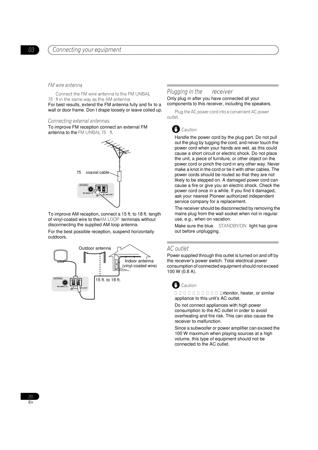 Pioneer VSX-84TXSI, VSX-82TXS-S manual Plugging in the receiver, AC outlet, FM wire antenna, Connecting external antennas 