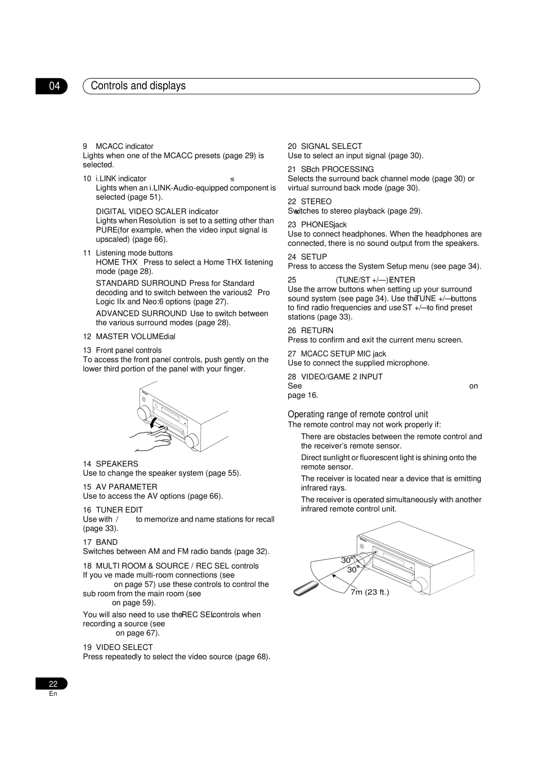 Pioneer VSX-84TXSI, VSX-82TXS-S, VSX-84TXSi-S manual Controls and displays, Operating range of remote control unit 