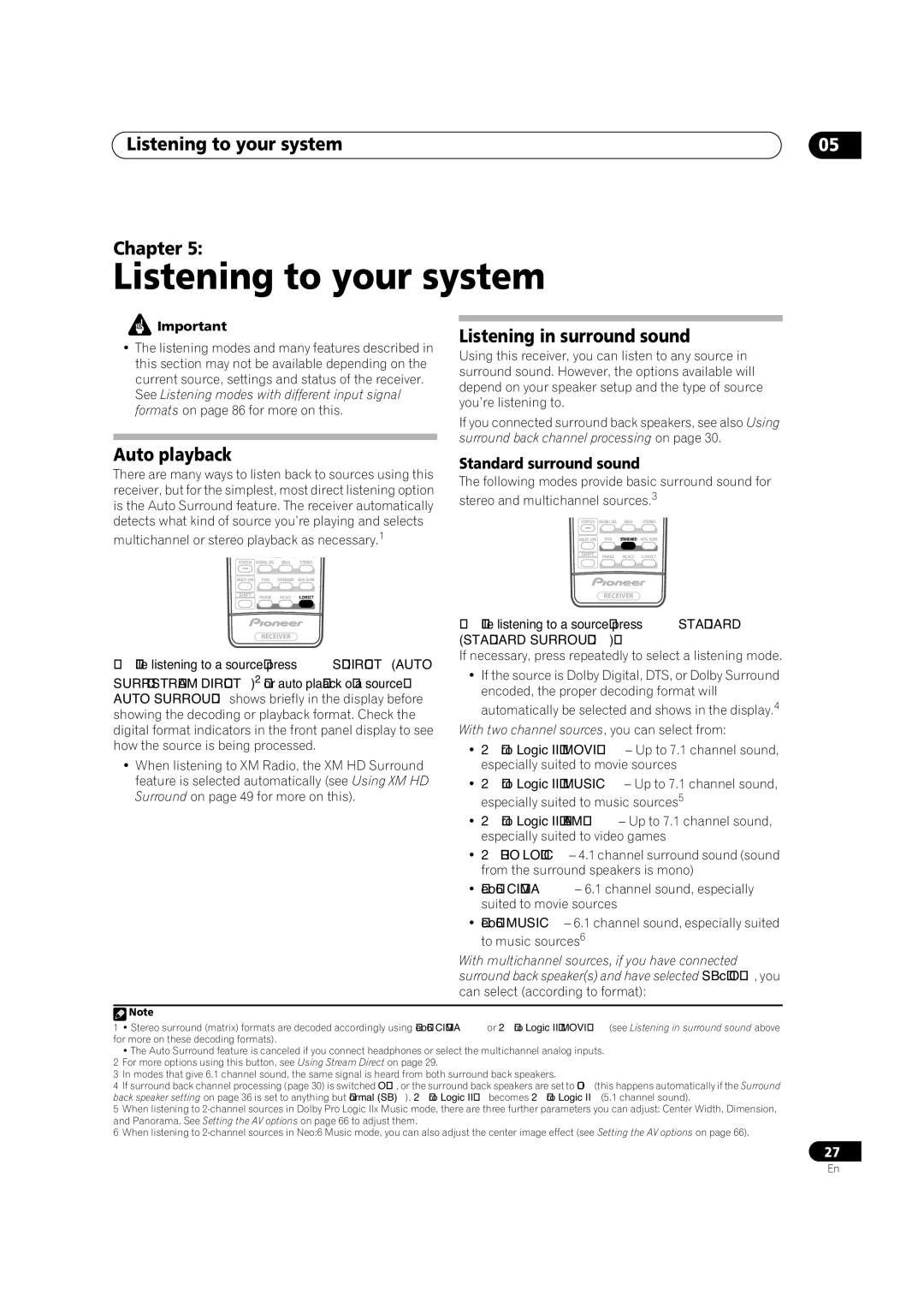 Pioneer VSX-84TXSi-S, VSX-84TXSI manual Listening to your system Chapter, Listening in surround sound, Auto playback 