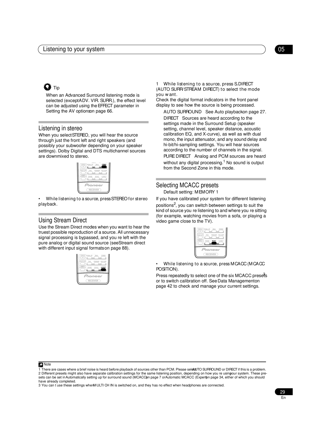 Pioneer VSX-82TXS-S, VSX-84TXSI, VSX-84TXSi-S manual Listening in stereo, Using Stream Direct, Selecting Mcacc presets, Tip 