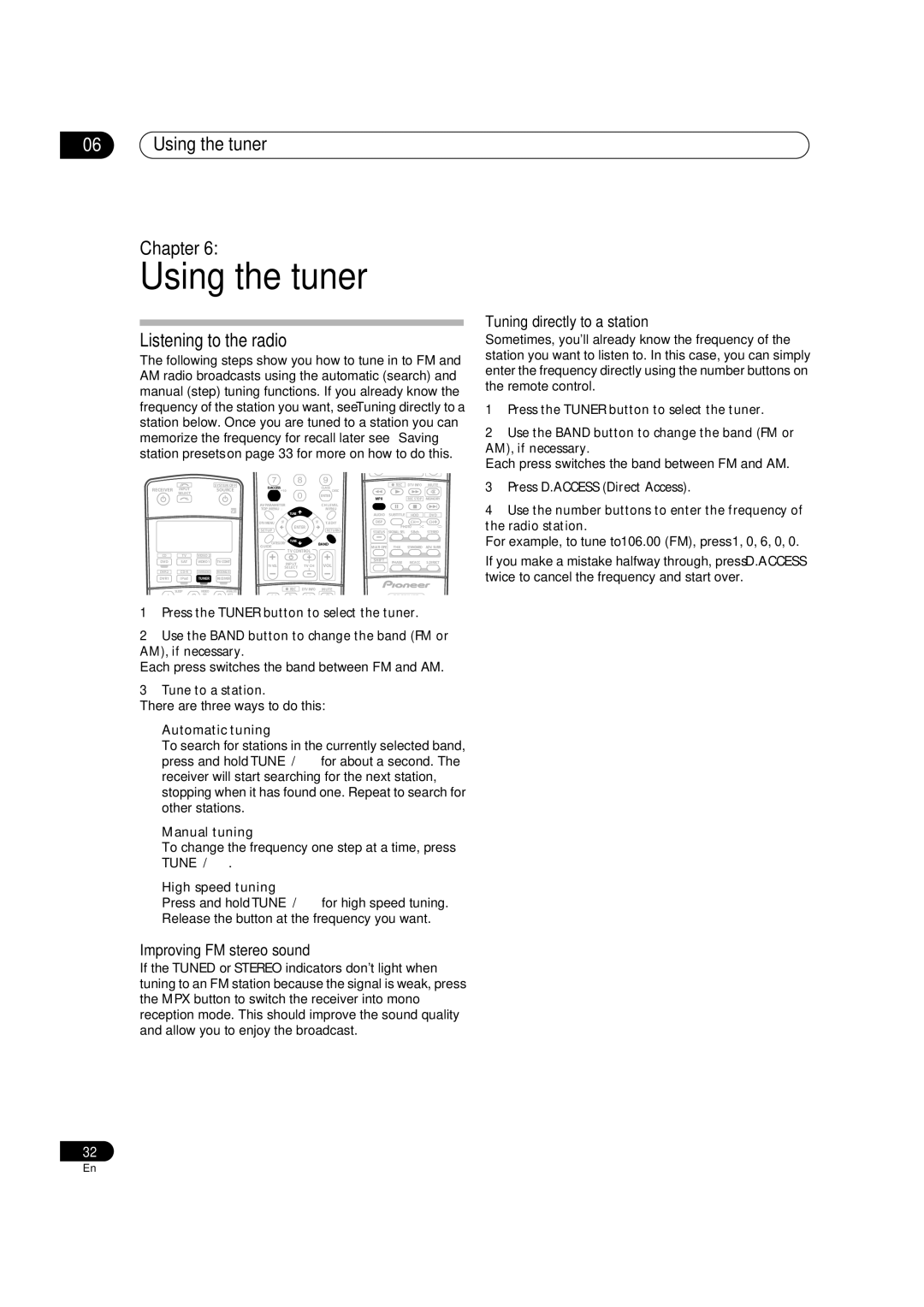 Pioneer VSX-84TXSI, VSX-82TXS-S manual Using the tuner Chapter, Listening to the radio, Improving FM stereo sound 