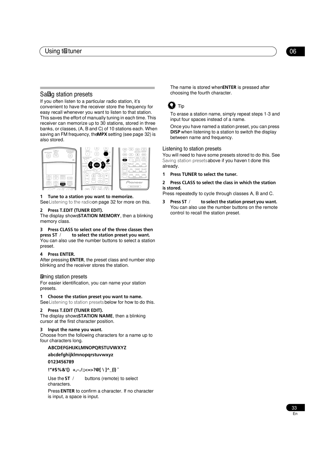 Pioneer VSX-82TXS-S manual Using the tuner Saving station presets, Naming station presets, Listening to station presets 