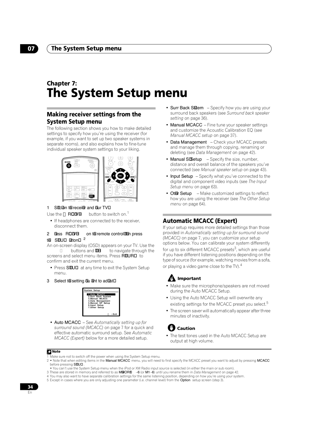 Pioneer VSX-82TXS, VSX-84TXSI manual System Setup menu Chapter, Making receiver settings from the System Setup menu 