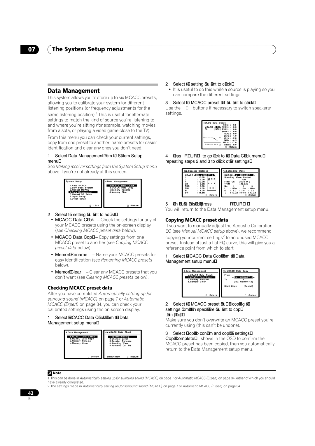 Pioneer VSX-82TXS, VSX-84TXSI System Setup menu Data Management, Copying Mcacc preset data, Checking Mcacc preset data 