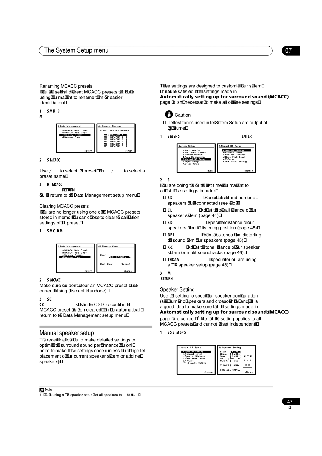 Pioneer VSX-84TXSi-S, VSX-84TXSI Manual speaker setup, Speaker Setting, Renaming Mcacc presets, Clearing Mcacc presets 