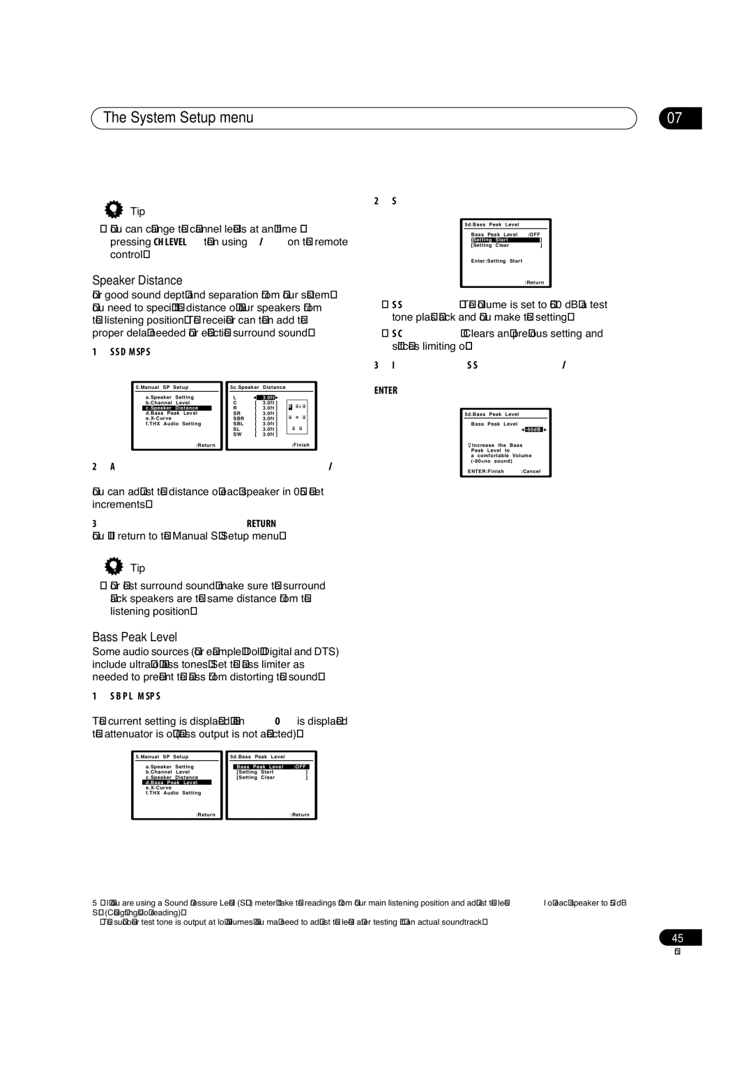 Pioneer VSX-82TXS-S, VSX-84TXSI, VSX-84TXSi-S manual Speaker Distance, Bass Peak Level, Enter 