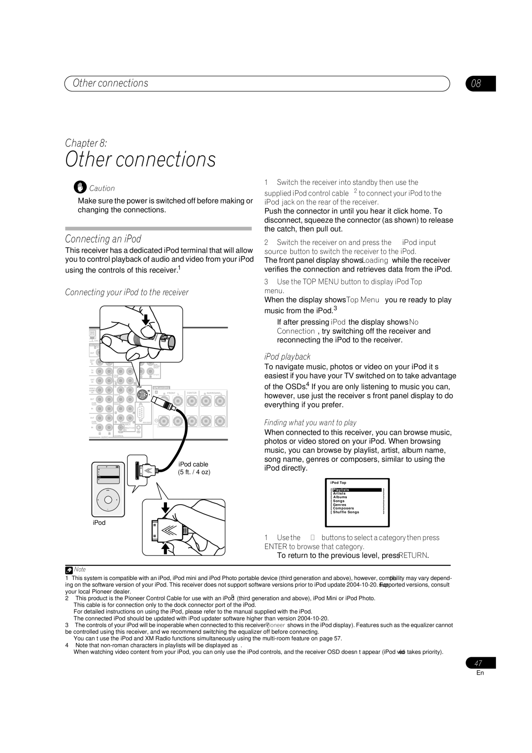 Pioneer VSX-84TXSi-S, VSX-84TXSI Other connections Chapter, Connecting an iPod, Connecting your iPod to the receiver 