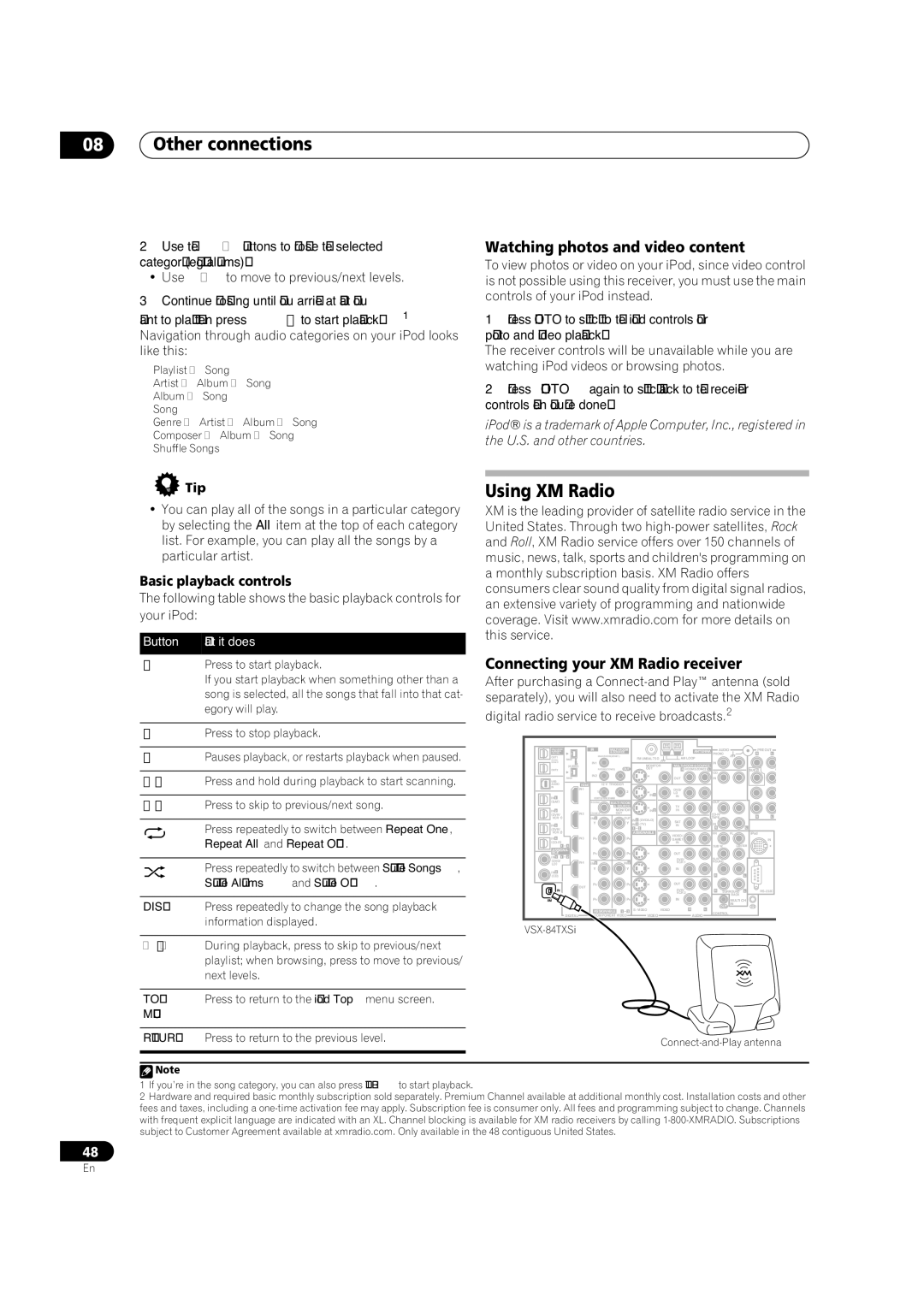 Pioneer VSX-84TXSI Other connections, Using XM Radio, Watching photos and video content, Connecting your XM Radio receiver 