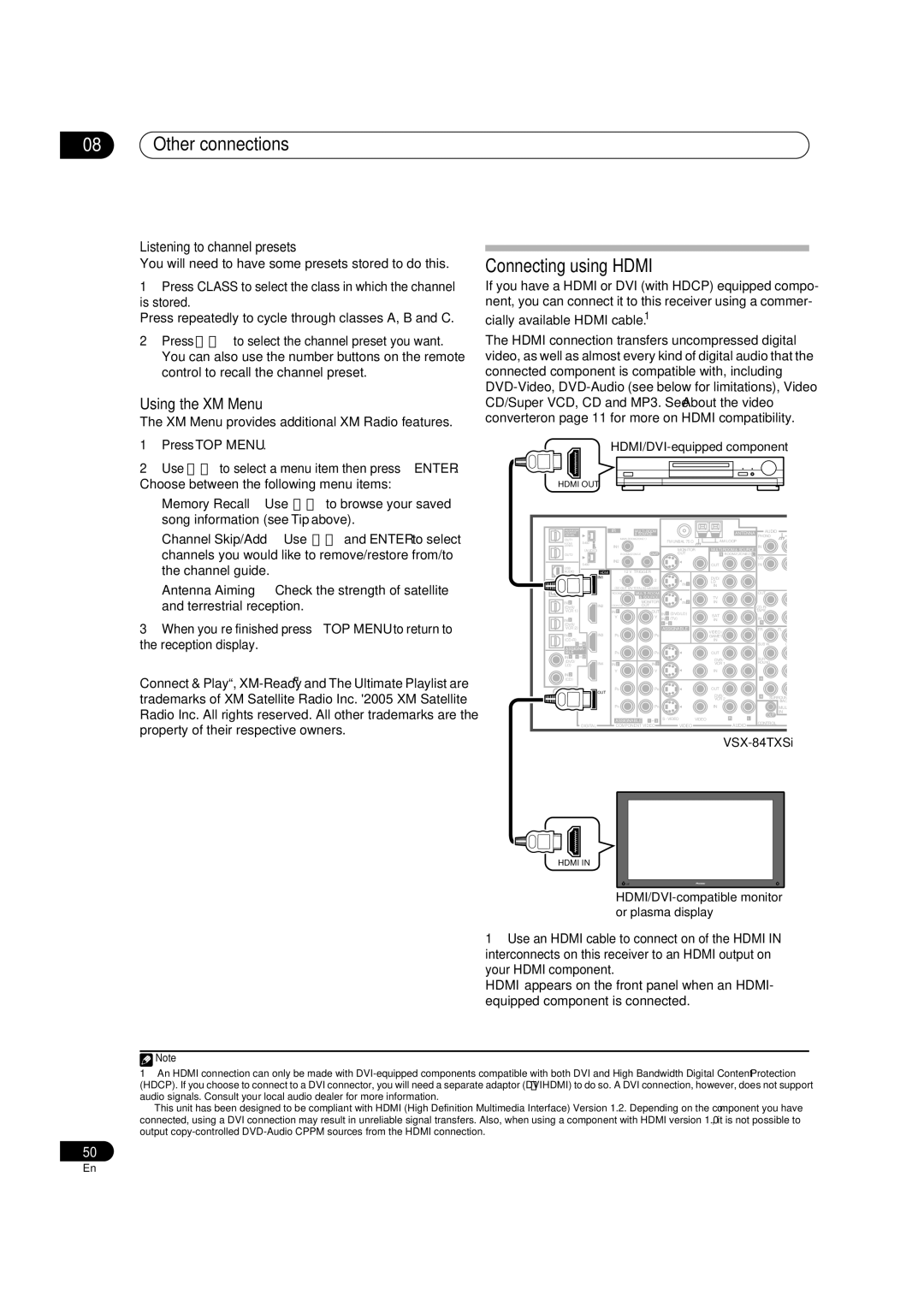 Pioneer VSX-84TXSI, VSX-82TXS-S, VSX-84TXSi-S Connecting using Hdmi, Using the XM Menu, Listening to channel presets 