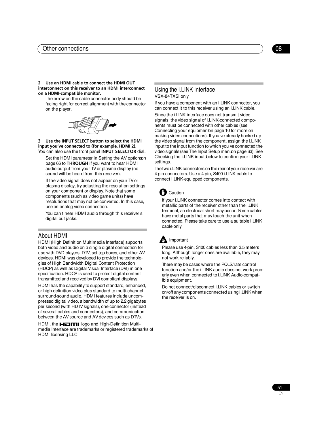 Pioneer VSX-84TXSi-S, VSX-84TXSI, VSX-82TXS-S manual About Hdmi, Using the i.LINK interface 