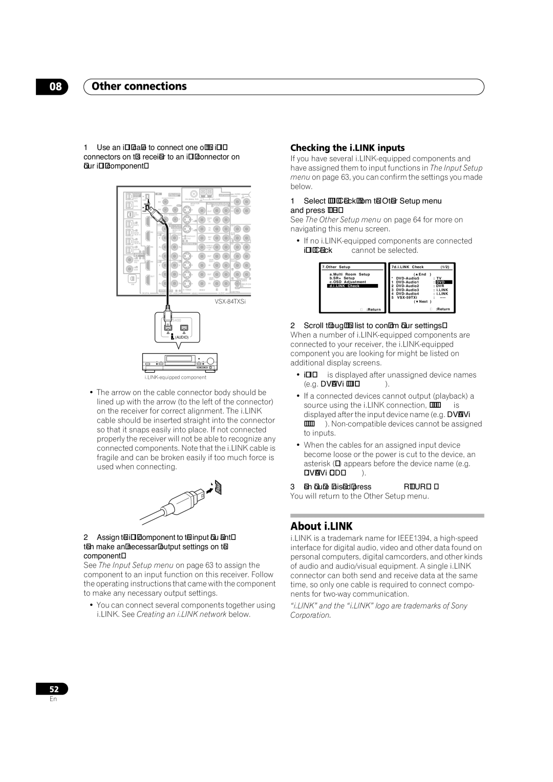 Pioneer VSX-84TXSI, VSX-82TXS-S, VSX-84TXSi-S manual About i.LINK, Checking the i.LINK inputs 