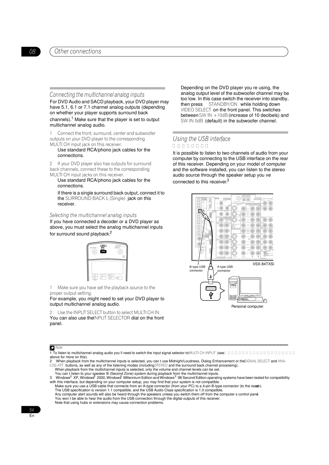 Pioneer VSX-82TXS, VSX-84TXSI manual Other connections Connecting the multichannel analog inputs, Using the USB interface 