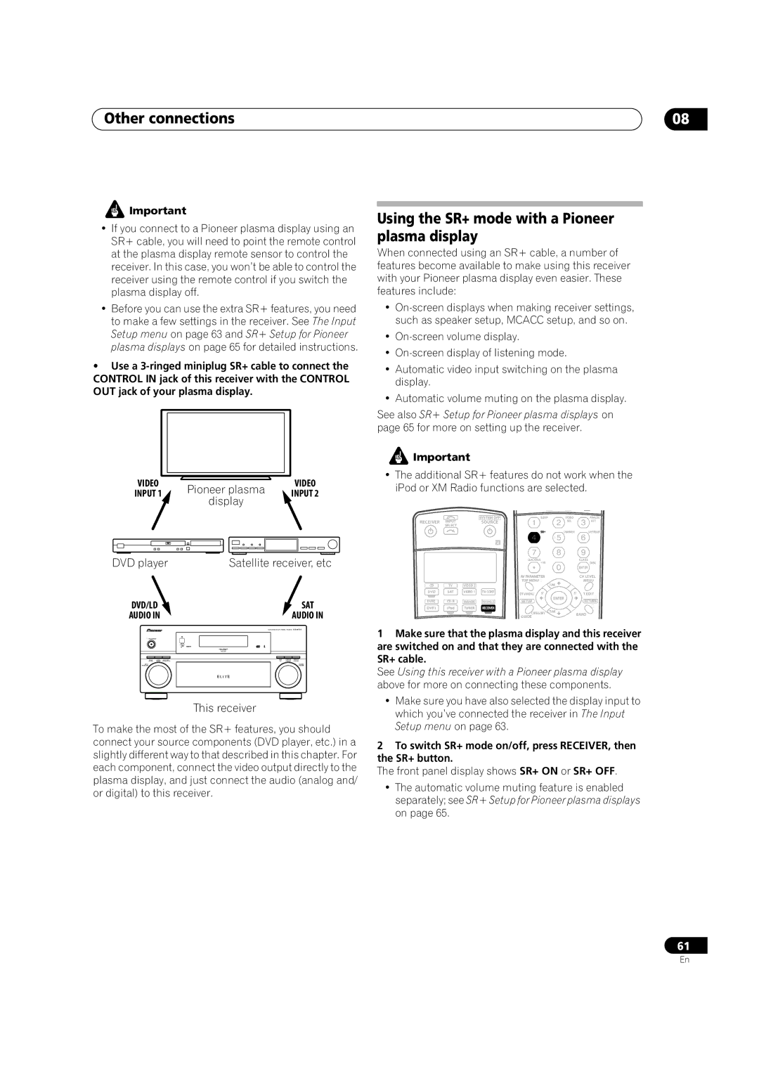 Pioneer VSX-82TXS-S, VSX-84TXSI, VSX-84TXSi-S manual Using the SR+ mode with a Pioneer plasma display, DVD player, Sat 