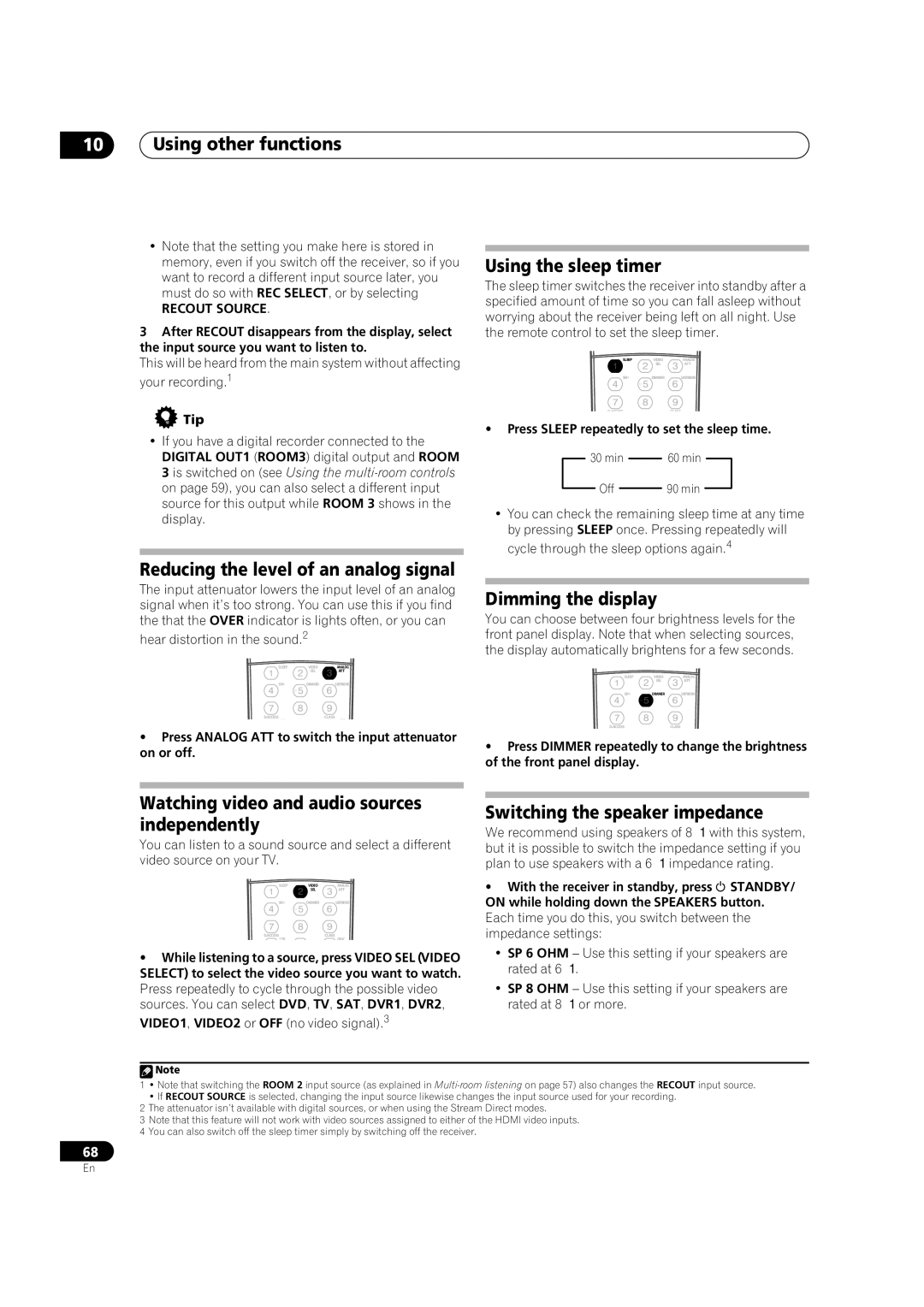 Pioneer VSX-84TXSI, VSX-82TXS-S manual Reducing the level of an analog signal, Using the sleep timer, Dimming the display 