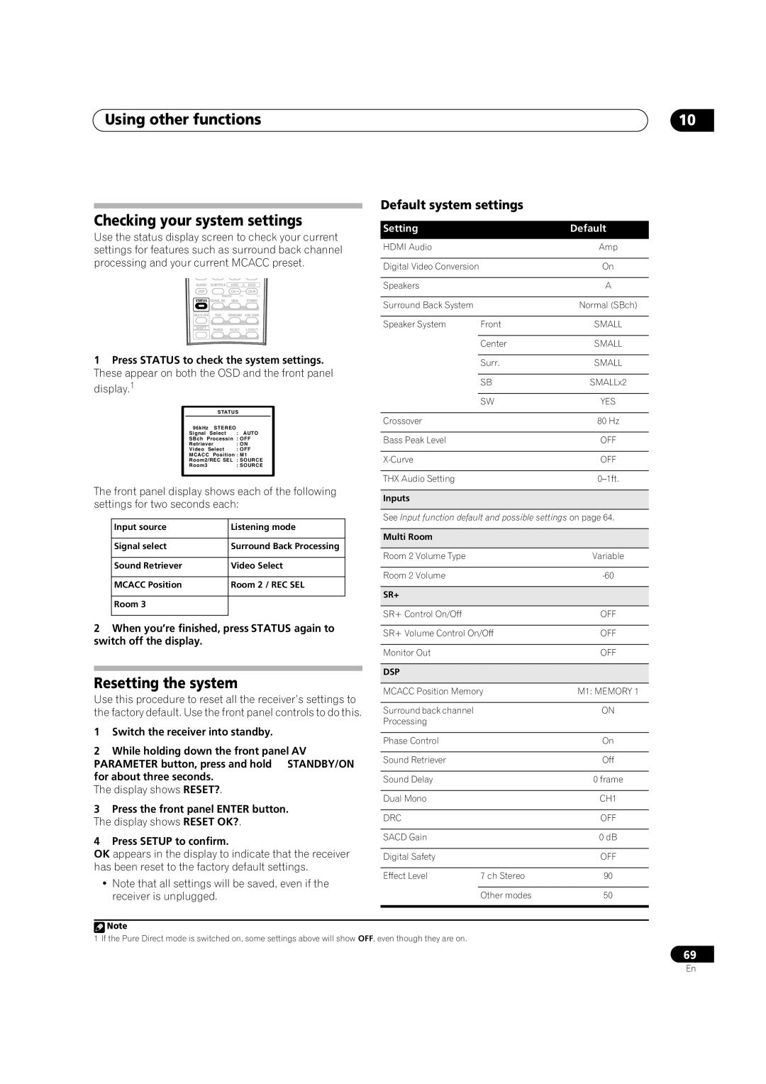 Pioneer VSX-82TXS-S Using other functions Checking your system settings, Resetting the system, Default system settings 