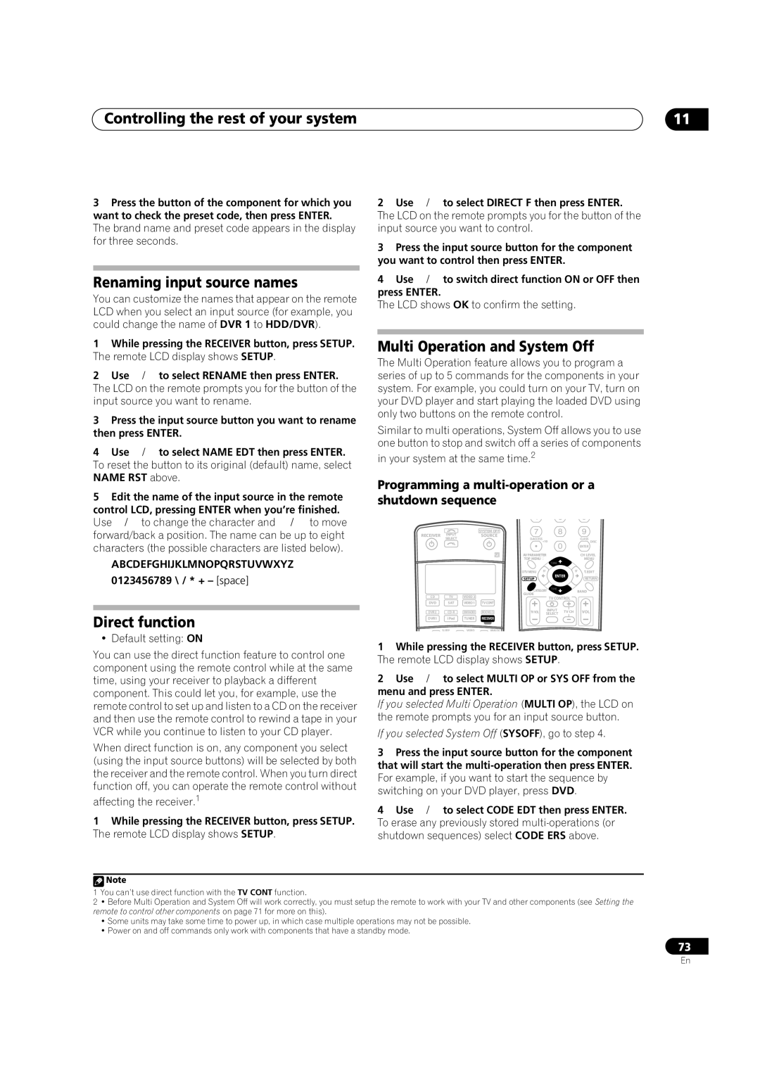 Pioneer VSX-82TXS-S, VSX-84TXSI, VSX-84TXSi-S Renaming input source names, Direct function, Multi Operation and System Off 