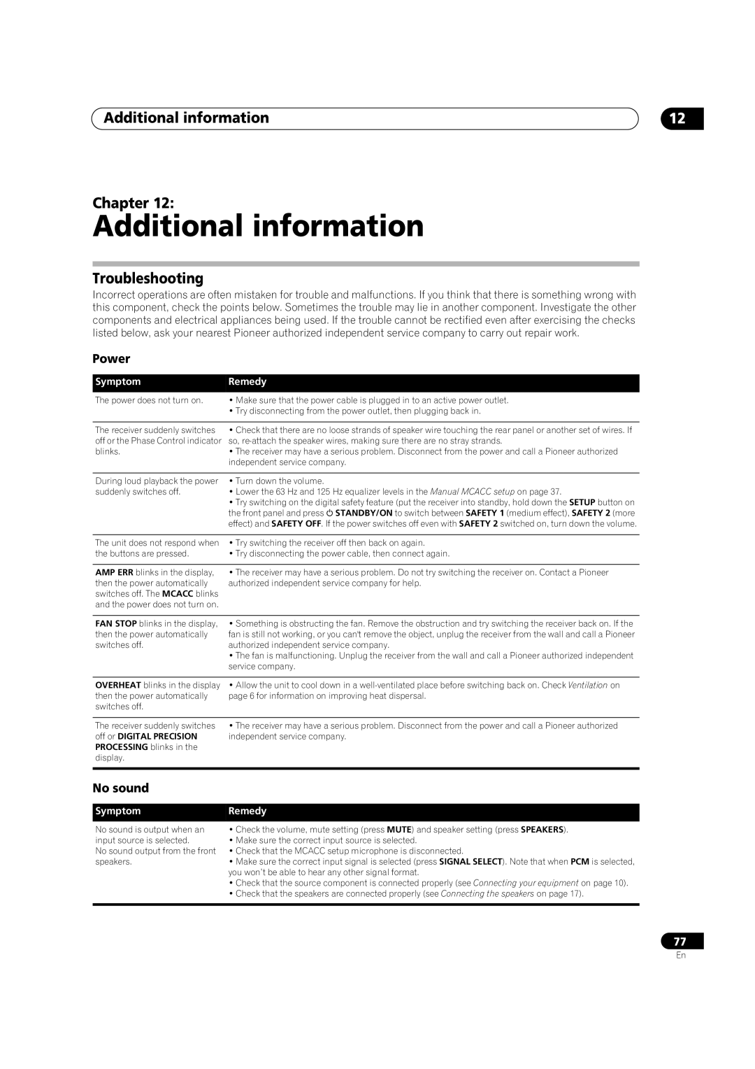 Pioneer VSX-82TXS-S, VSX-84TXSI, VSX-84TXSi-S manual Additional information Chapter, Troubleshooting, Power, No sound 