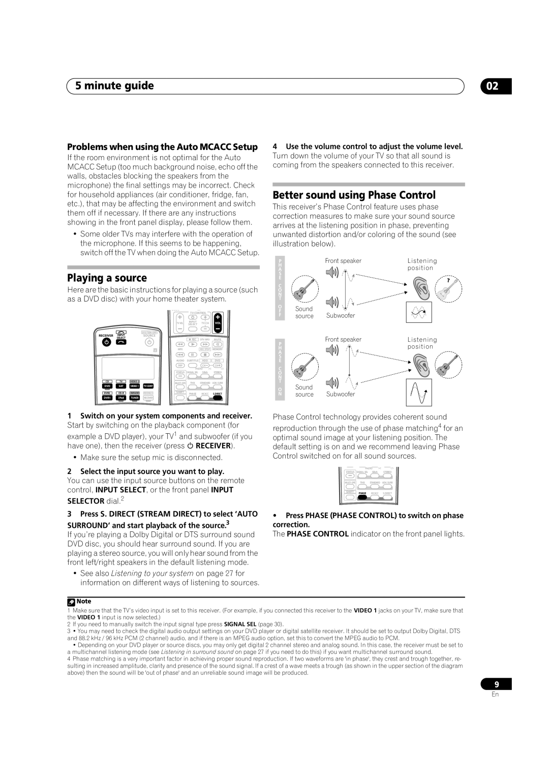 Pioneer VSX-82TXS-S, VSX-84TXSI, VSX-84TXSi-S manual Minute guide, Playing a source, Better sound using Phase Control 