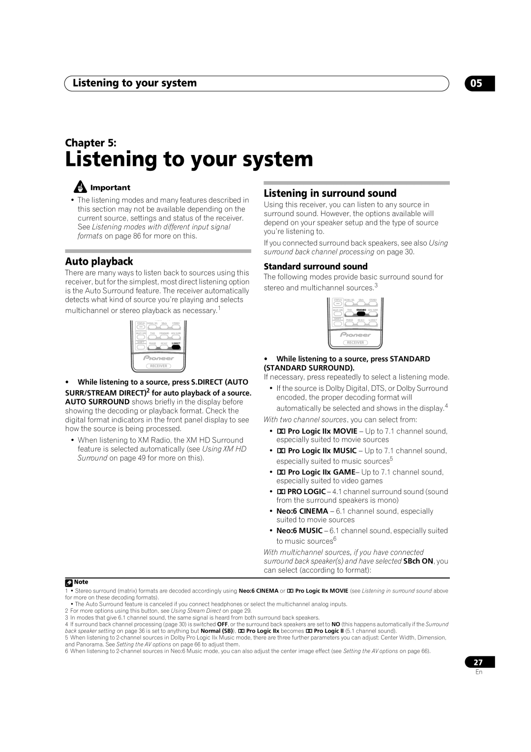 Pioneer VSX-84TXSi-S manual Listening to your system, Listening in surround sound, Auto playback, Standard surround sound 