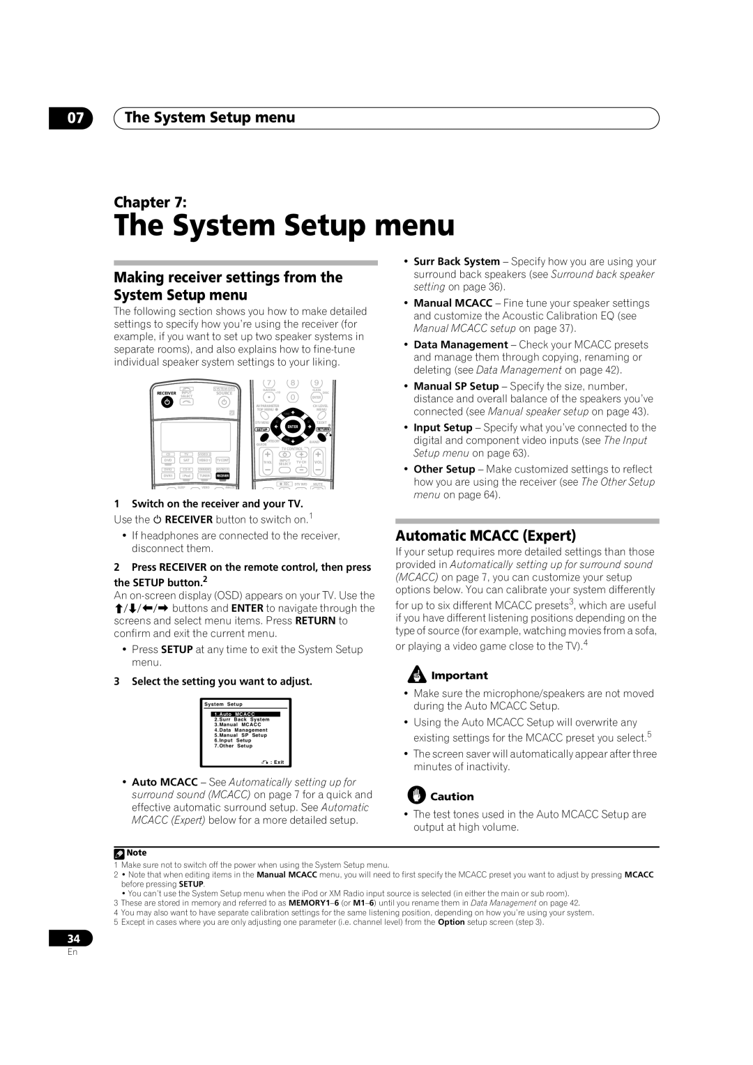 Pioneer VSX-82TXS, VSX-84TXSI manual The System Setup menu Chapter, Making receiver settings from the System Setup menu 