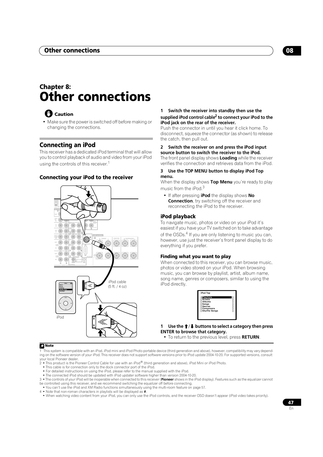 Pioneer VSX-84TXSi-S, VSX-84TXSI Other connections Chapter, Connecting an iPod, Connecting your iPod to the receiver 