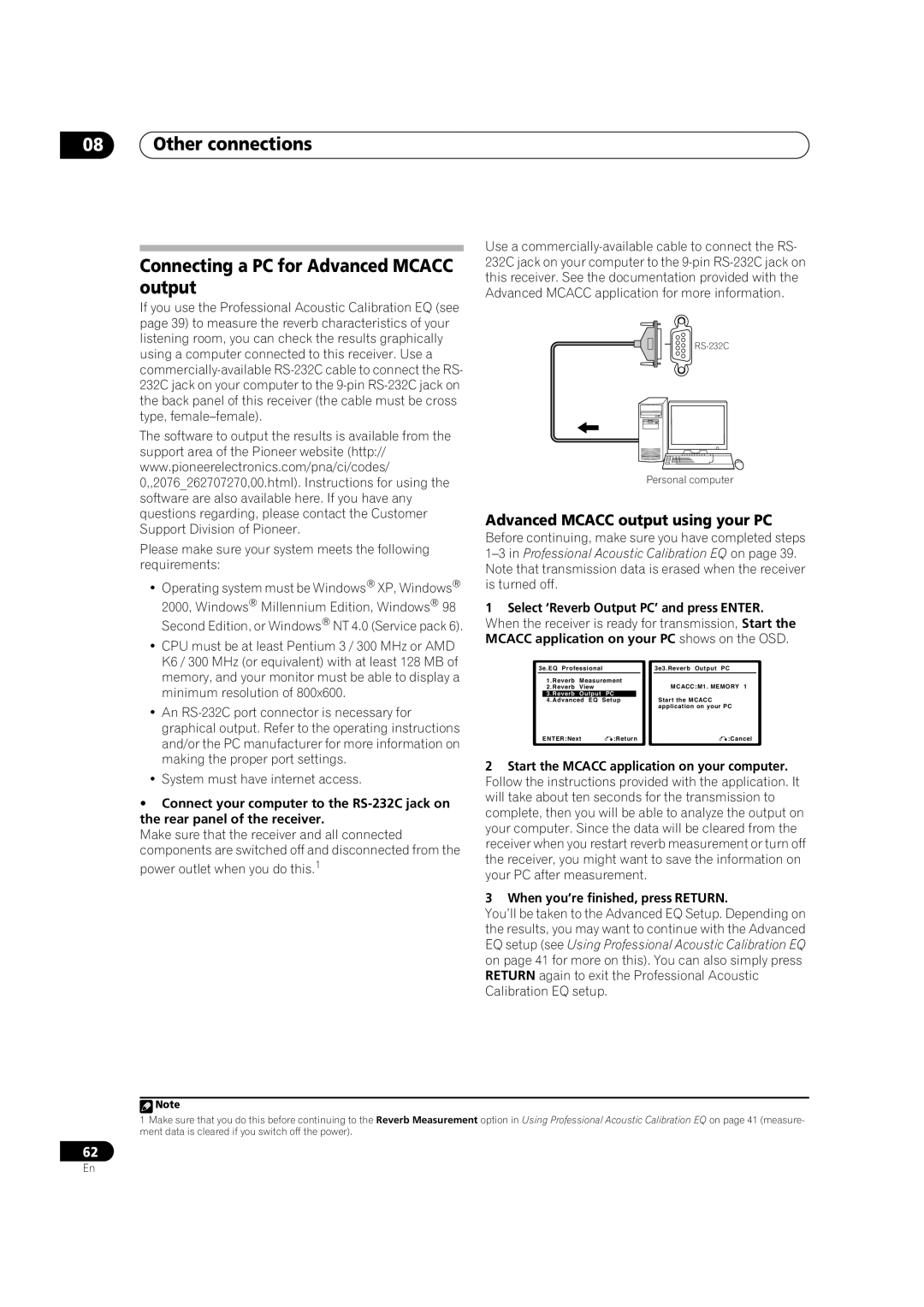 Pioneer VSX-82TXS manual Connecting a PC for Advanced MCACC output, Advanced MCACC output using your PC, Other connections 