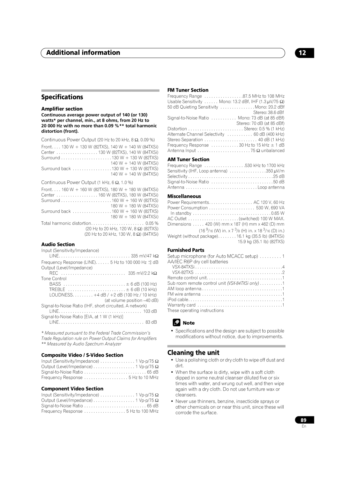Pioneer VSX-82TXS-S, VSX-84TXSI Additional information Specifications, Cleaning the unit, Amplifier section, Audio Section 