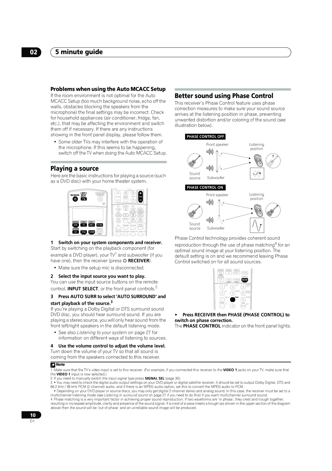 Pioneer VSX-90TXV operating instructions 02 5 minute guide, Playing a source, Better sound using Phase Control 