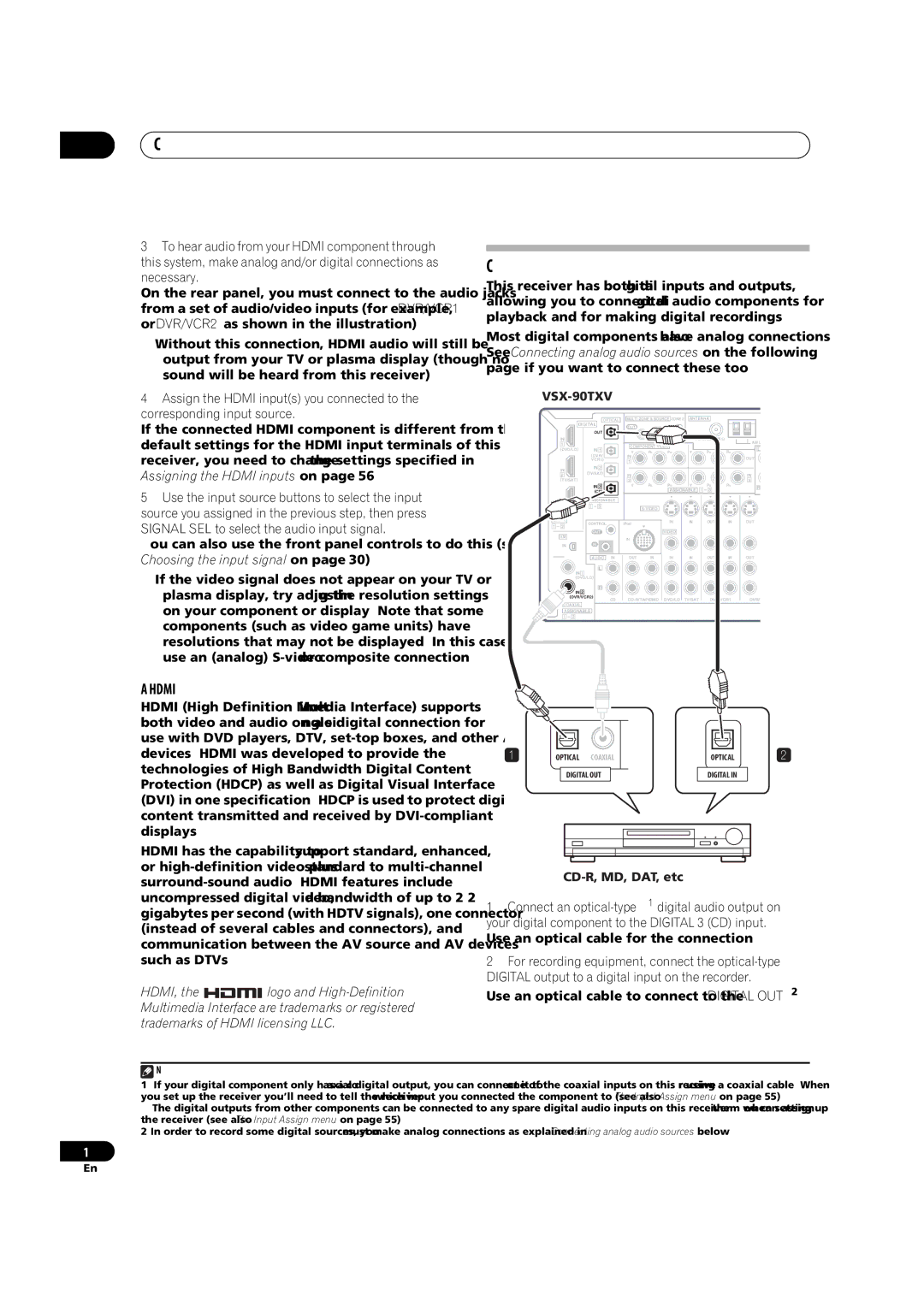 Pioneer VSX-90TXV operating instructions Connecting digital audio sources, About Hdmi, CD-R, MD, DAT, etc 