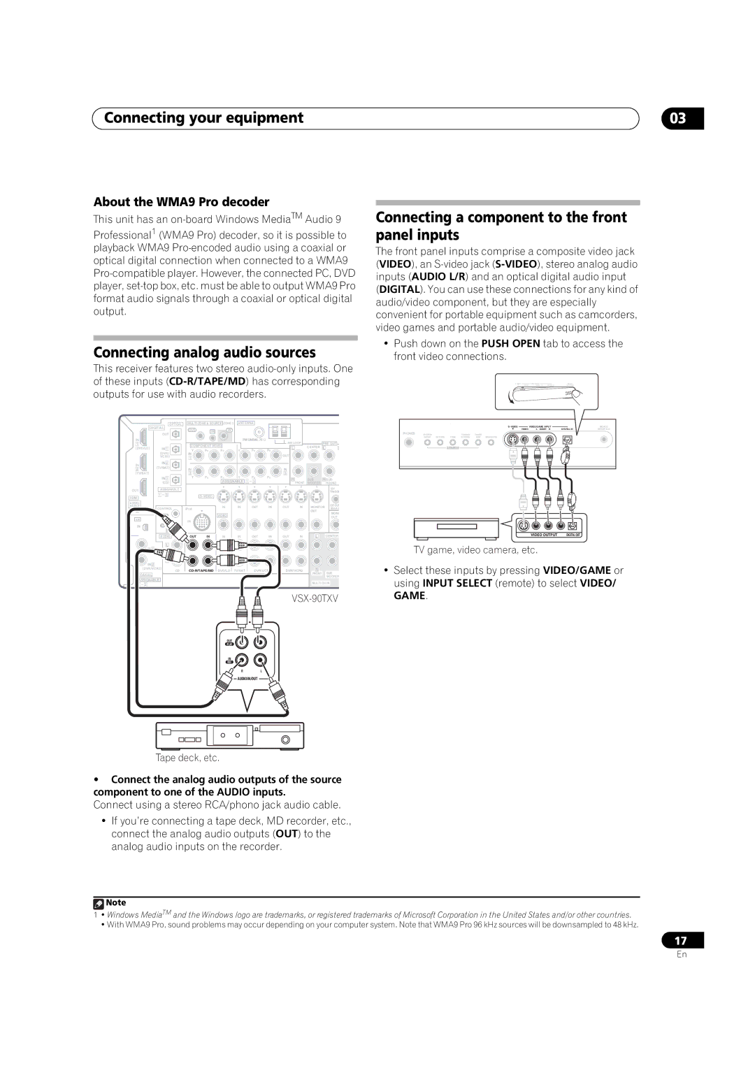 Pioneer VSX-90TXV Connecting analog audio sources, Connecting a component to the front panel inputs, Tape deck, etc 