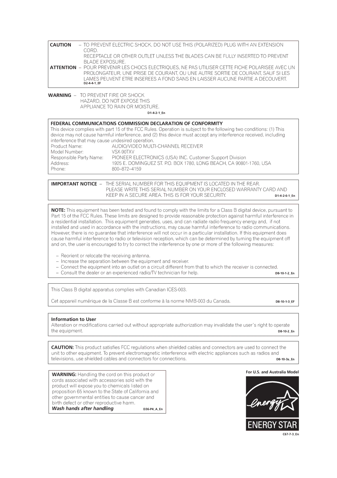 Pioneer VSX-90TXV Federal Communications Commission Declaration of Conformity, Model Number, Phone, Information to User 