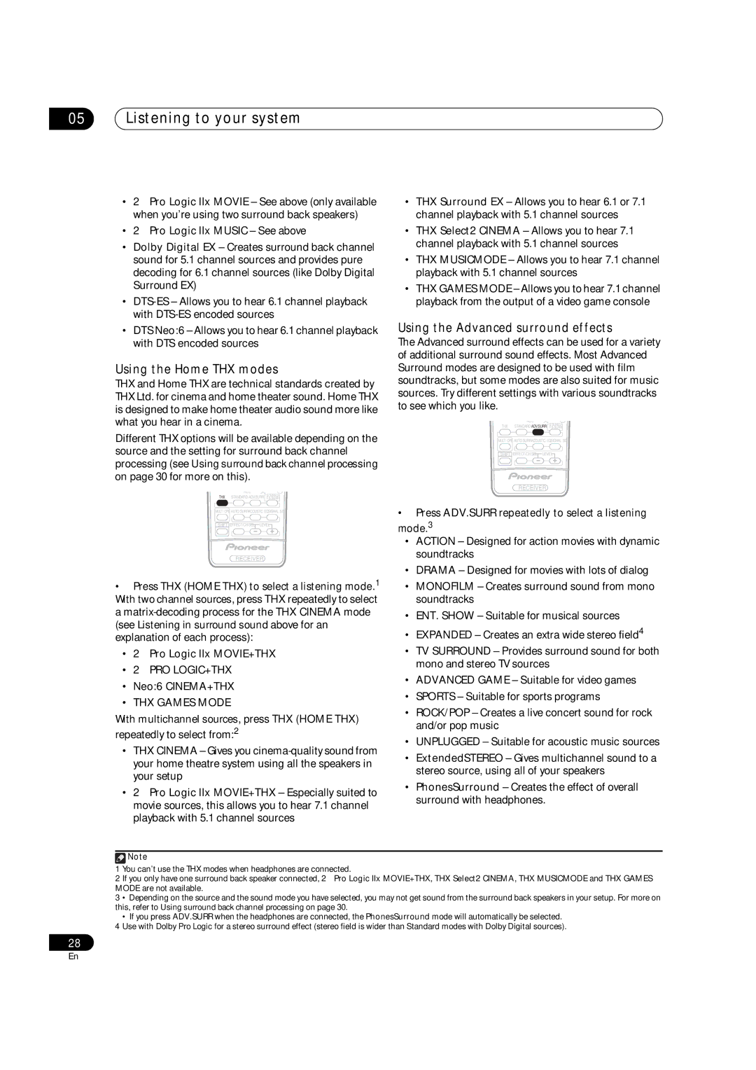 Pioneer VSX-90TXV Listening to your system, Using the Home THX modes, Using the Advanced surround effects, Pro Logic+Thx 