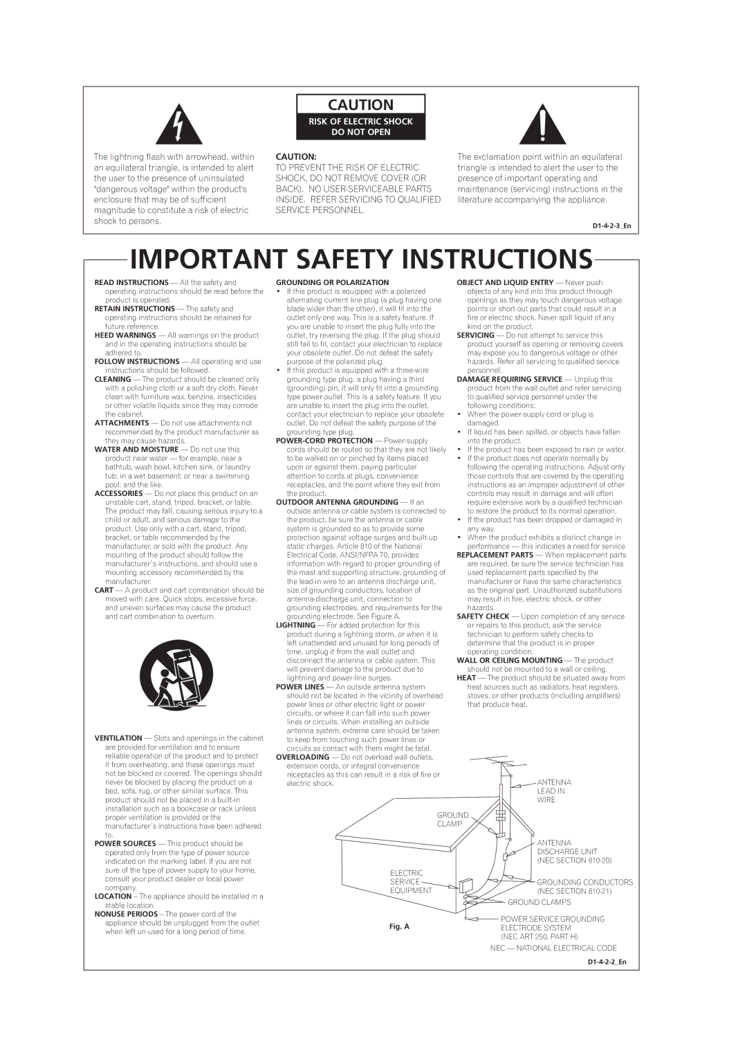 Pioneer VSX-90TXV operating instructions Important Safety Instructions 