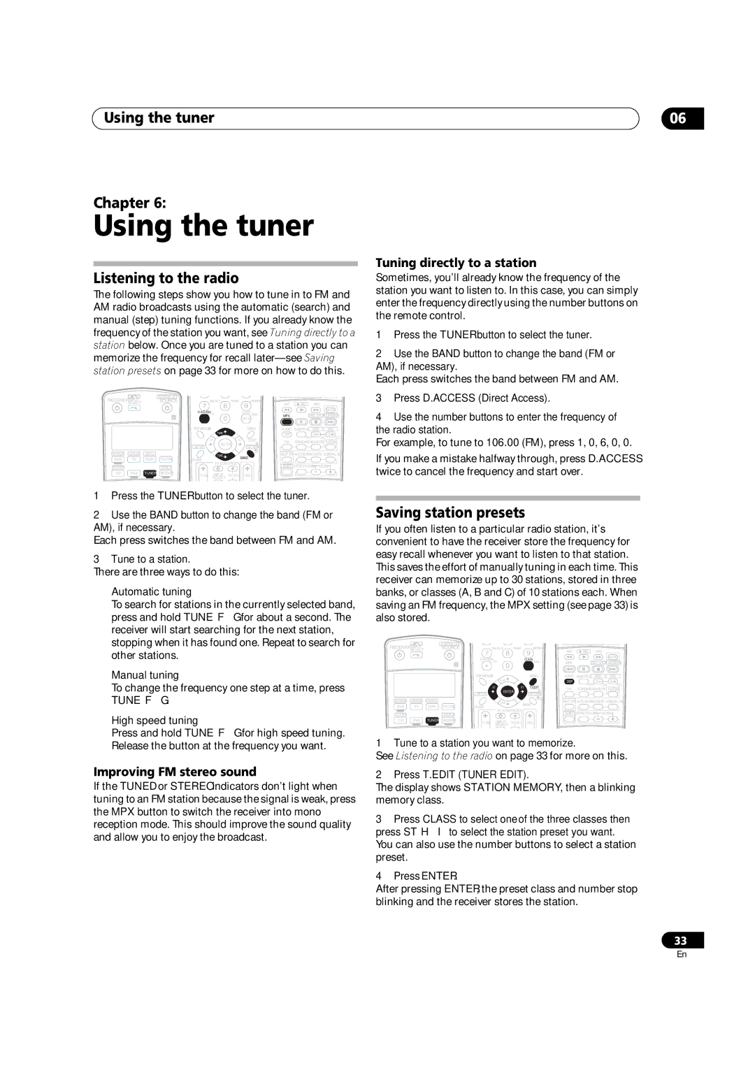 Pioneer VSX-90TXV operating instructions Using the tuner Chapter, Listening to the radio, Saving station presets 