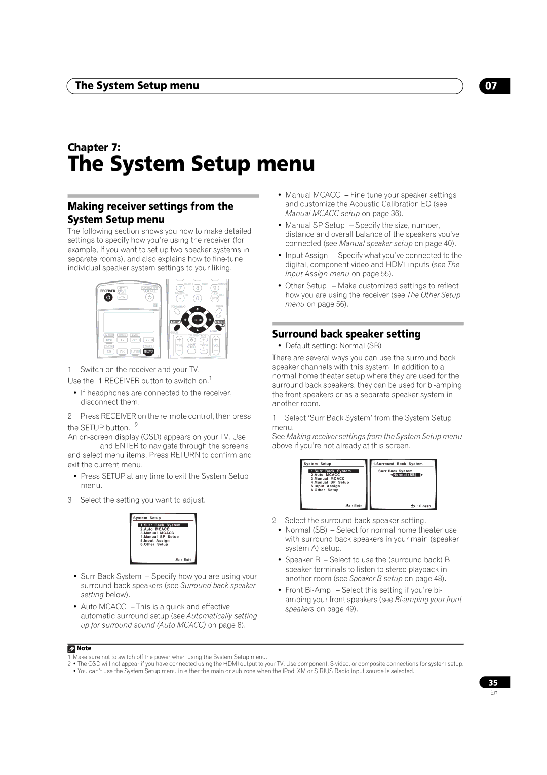 Pioneer VSX-90TXV operating instructions System Setup menu Chapter, Making receiver settings from the System Setup menu 