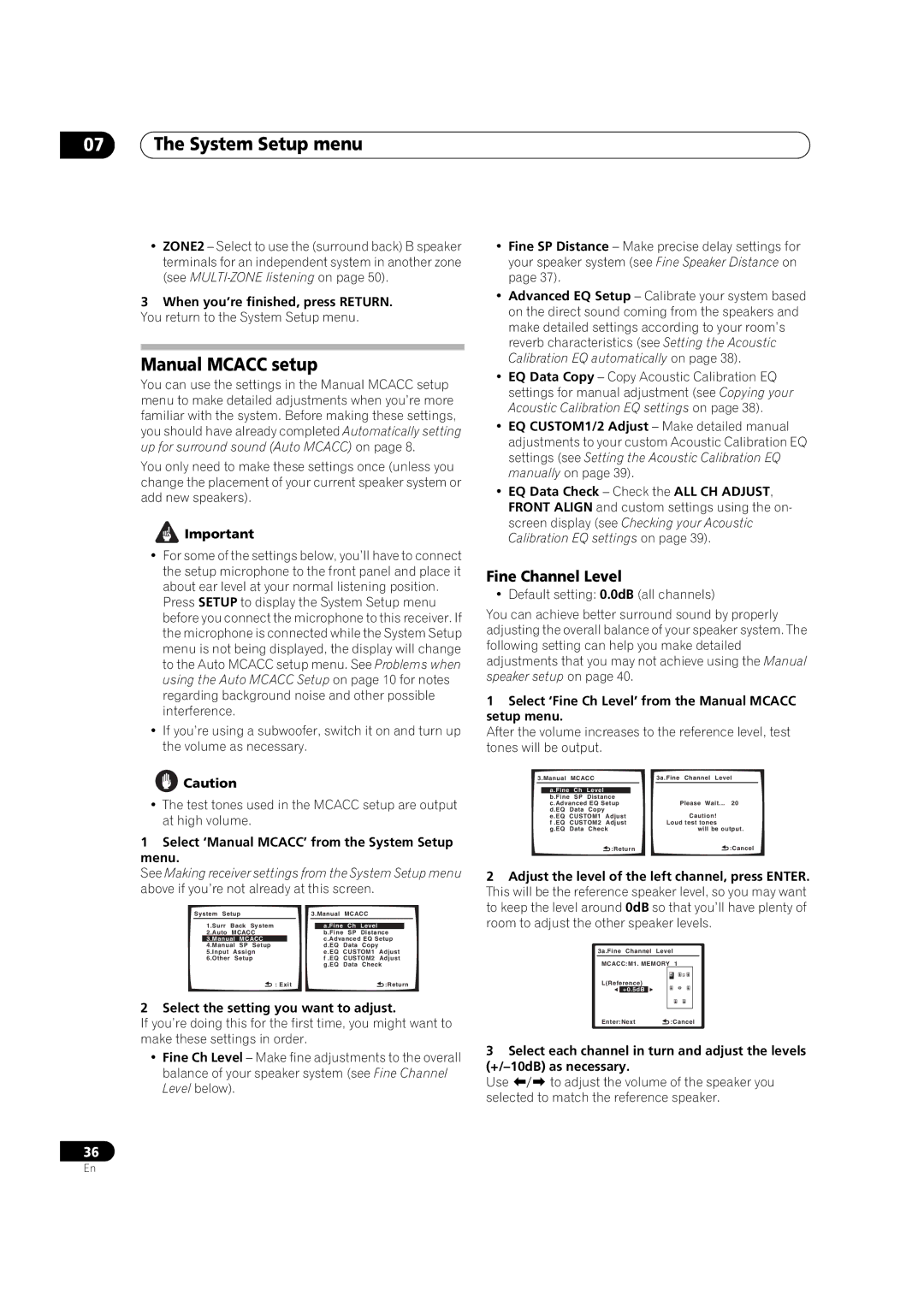 Pioneer VSX-90TXV operating instructions System Setup menu, Manual Mcacc setup, Fine Channel Level 