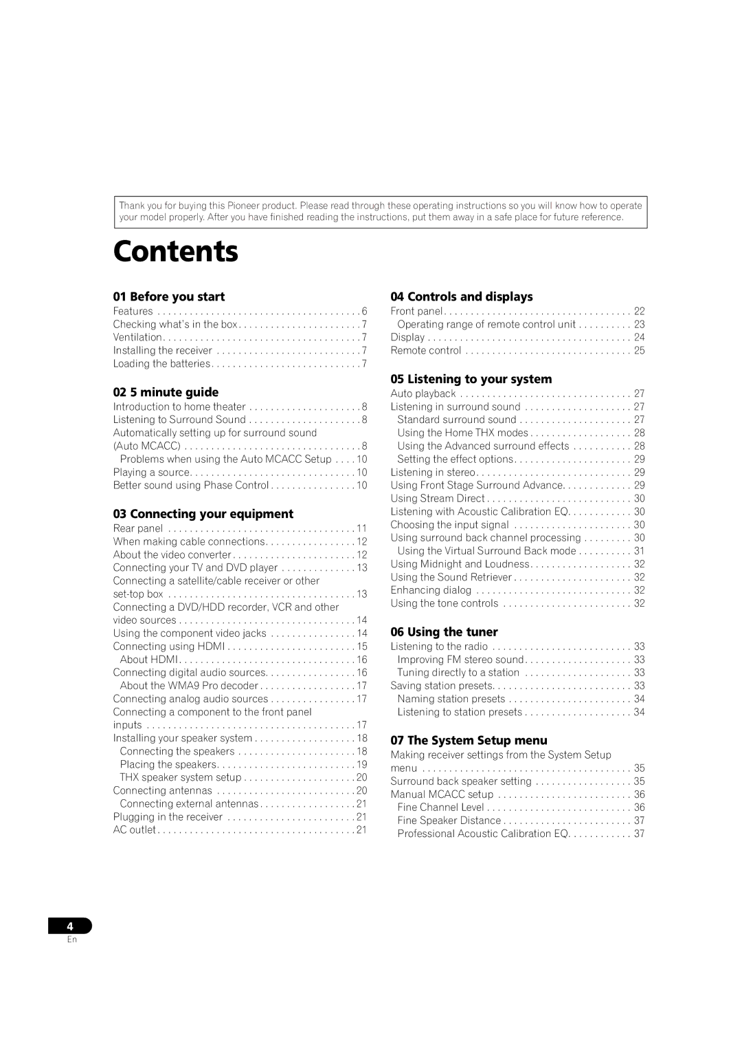 Pioneer VSX-90TXV operating instructions Contents 