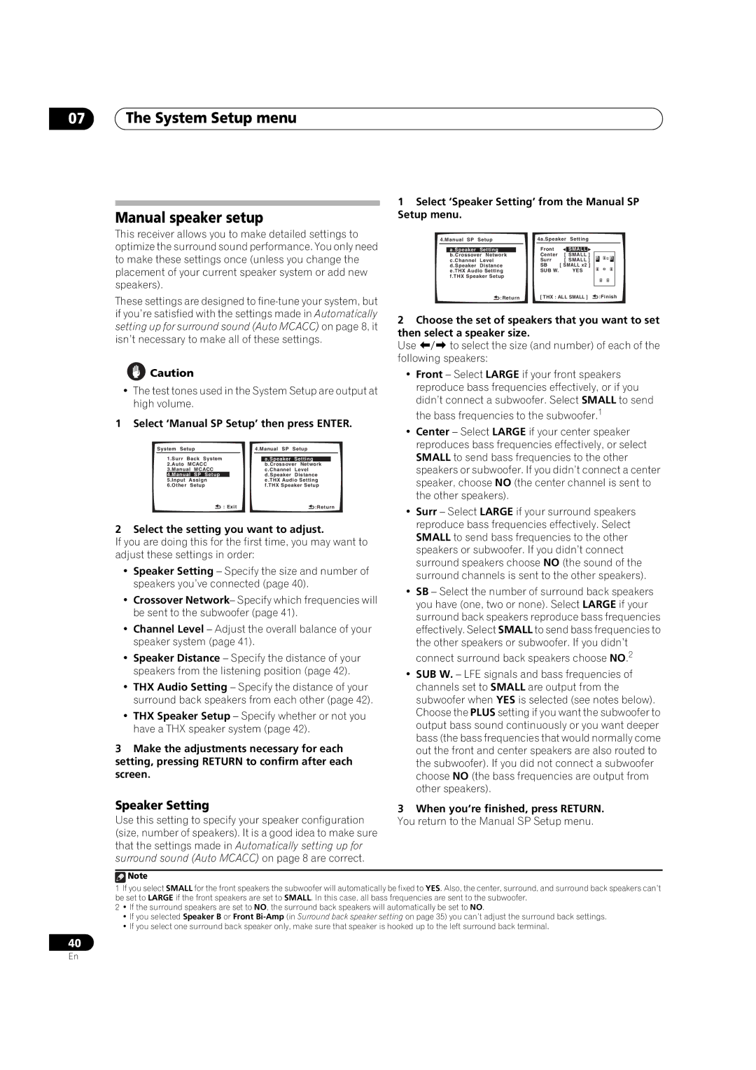 Pioneer VSX-90TXV System Setup menu Manual speaker setup, Speaker Setting, Select ‘Manual SP Setup’ then press Enter 