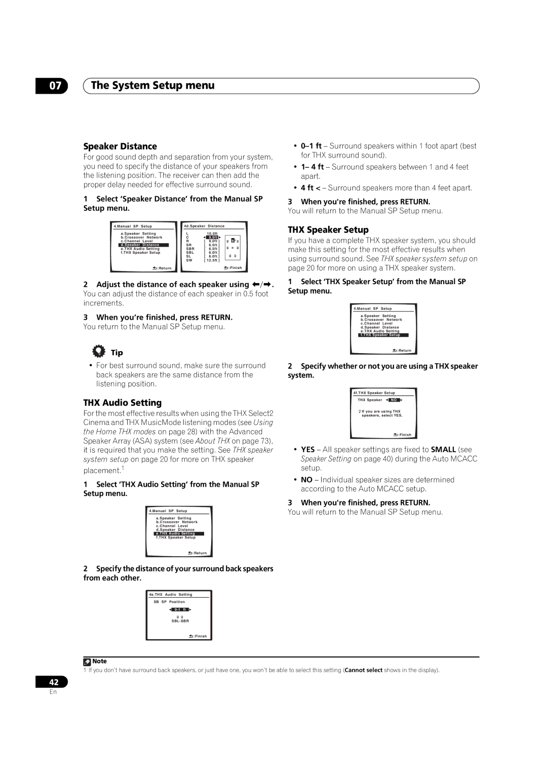 Pioneer VSX-90TXV operating instructions Speaker Distance, THX Audio Setting, THX Speaker Setup 