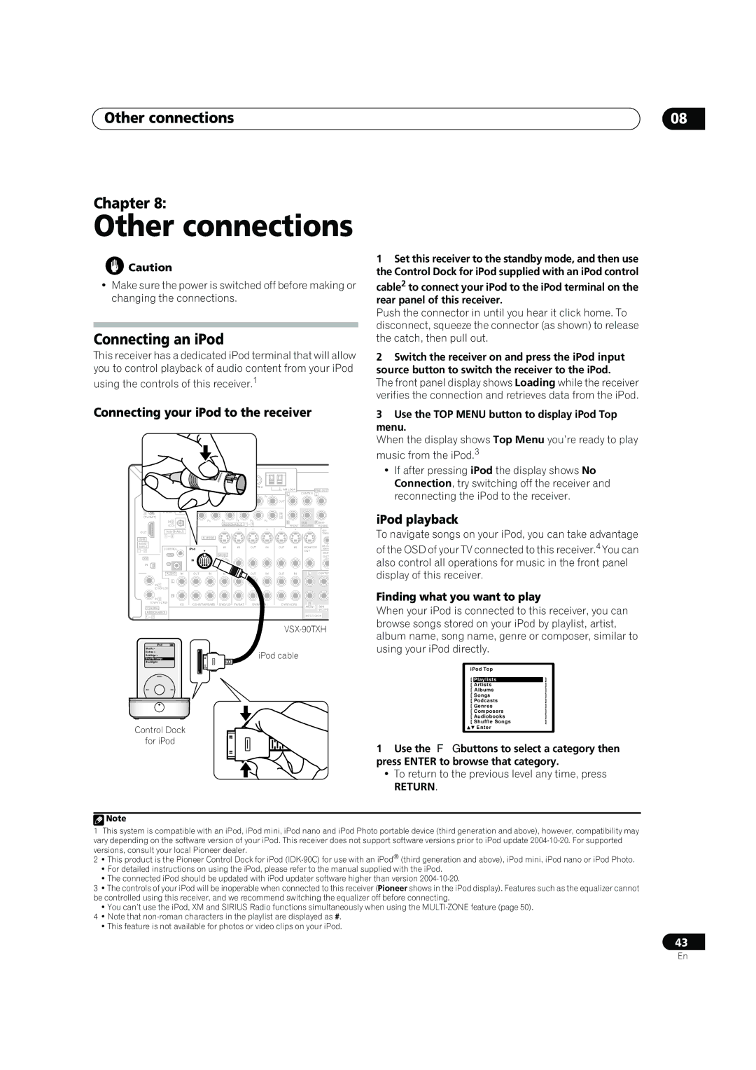 Pioneer VSX-90TXV Other connections Chapter, Connecting an iPod, Connecting your iPod to the receiver, IPod playback 