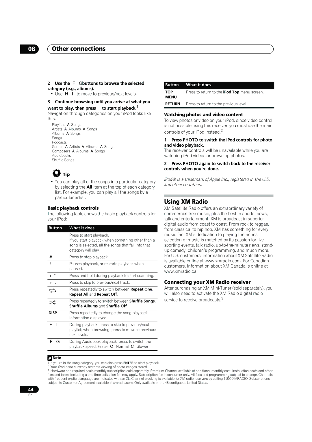 Pioneer VSX-90TXV Other connections, Using XM Radio, Connecting your XM Radio receiver, Basic playback controls 