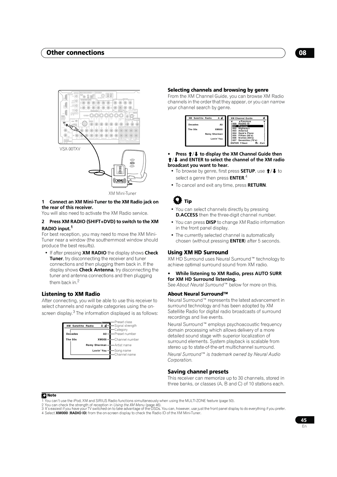 Pioneer VSX-90TXV Listening to XM Radio, Using XM HD Surround, Saving channel presets, About Neural Surround 