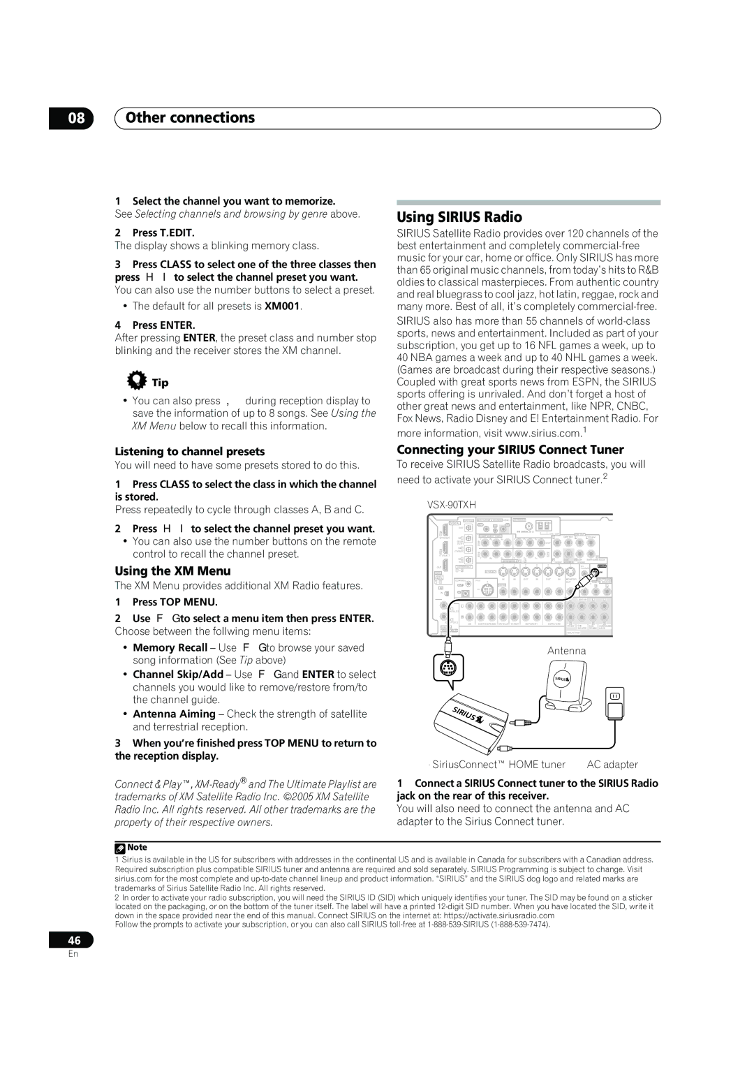 Pioneer VSX-90TXV operating instructions Using Sirius Radio, Connecting your Sirius Connect Tuner, Using the XM Menu 