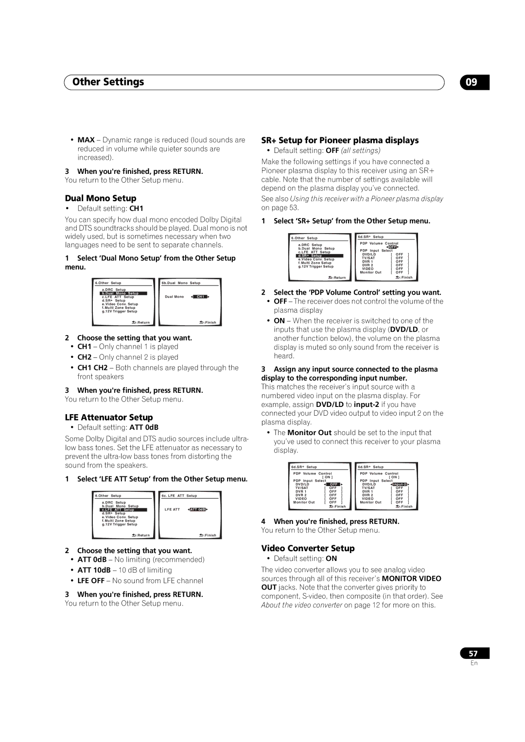 Pioneer VSX-90TXV Dual Mono Setup, LFE Attenuator Setup, SR+ Setup for Pioneer plasma displays, Video Converter Setup 